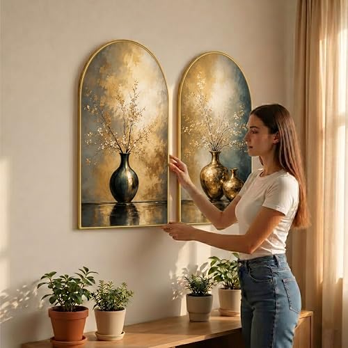 Image of Livin'luxe Set of 2 Vase Wall Painting for Living Room, Abstract Floral Modern Artwork, PVC Golden Frame, Arch Shape Wall Decor for Bedroom, Hall, Office & Gift (30 x 32 Inch) RPNL-02-114