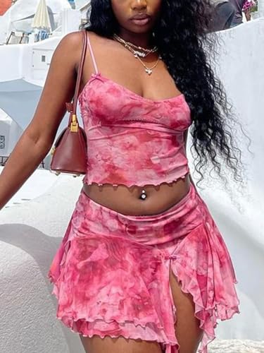 Ophestin Womens Sexy 2 Piece Club Outfits Set Floral Print Camisole Crop Top Mini Skirt with Slit3