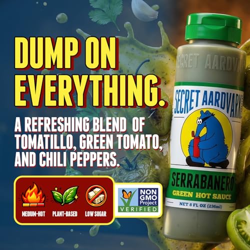 Image of Secret Aardvark Serrabanero Green Hot Sauce, Non-GMO, 8 fl oz | Serrano Habanero Tomatillo Marinade, Low Sugar, Low Carb, Vegan, Dairy-Free, No HFCS, For Tacos