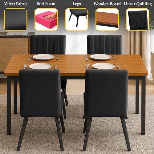 Image of Rosebell Set of 4 Dining Table Chairs with Wooden Top Table, Upholstered Cushioned Chairs, Modern Compact Dining Set for Home, Kitchen & Dining Room (Black)