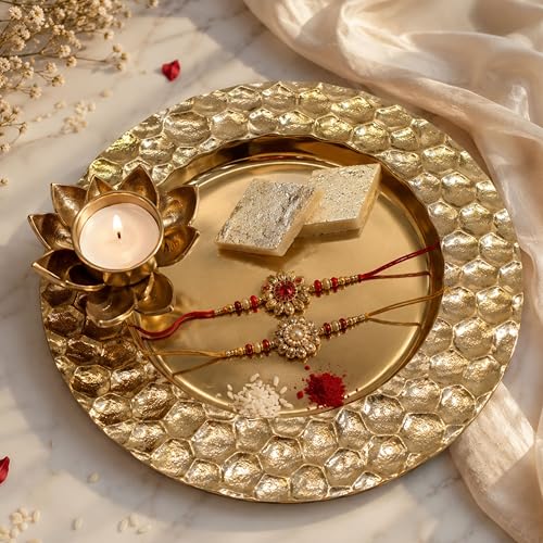 Image of BEHOMA Golden Lotus Tray with Tea-Light Holder, 30cm | Golden lotus tray with tea-light holder & honeycomb design, 30cm; ideal wedding & mehndi thali gift.