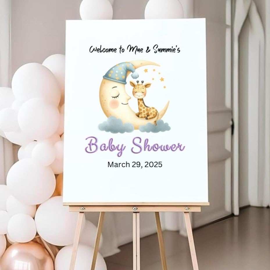 Baby Shower, Sprinkle, Gender Reveal, Baby Giraffe on Moon Guest Sign-in Board, Custom Signature Book Alternative, Personalized Keepsake Party Decor. Premium Acrylic Sign, Made in CT, USA.