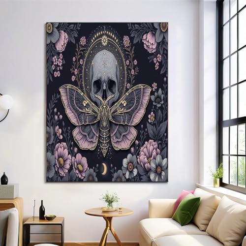 Fleurs de papillon crâne tableau décoration murale moderne violet clair pour salon gothique 60x90 - 2