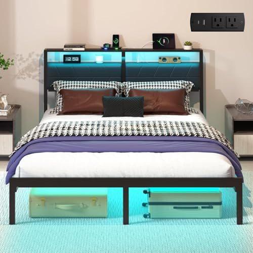 J.Fkne Full Bed Frame with LED Lights & Charging Station,