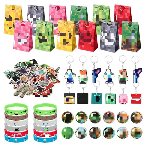 ARIEL-GXR 100pcs Gaming Party Bag Fillers Gamer Party Favours Party Bag Filler Set with Party Bags Gaming Keychain Silicone Bracelet Button Pins Goodie Bag Fillers for Kids Boys