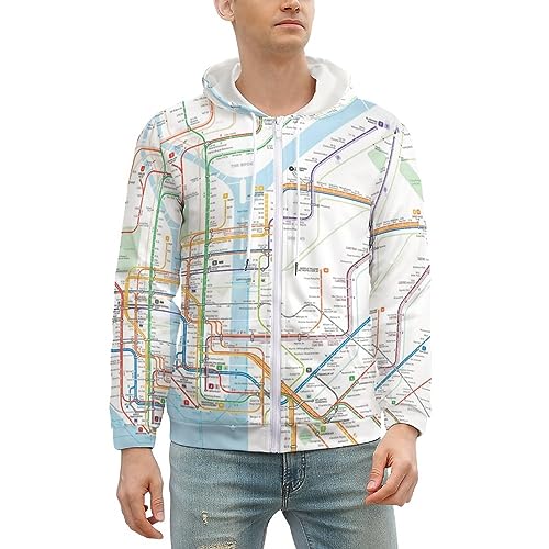 New York Subway Map Men's Hoodie Zippered Hooded Sweatshirt Lightweight Top with Pocket