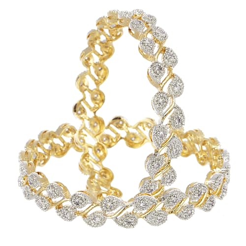 Image of ZENEME Bangle Gold Plated American Diamond Studded Sparkling Leafy Designed Set Of 2 Bangle Jewellery For Girl and Women
