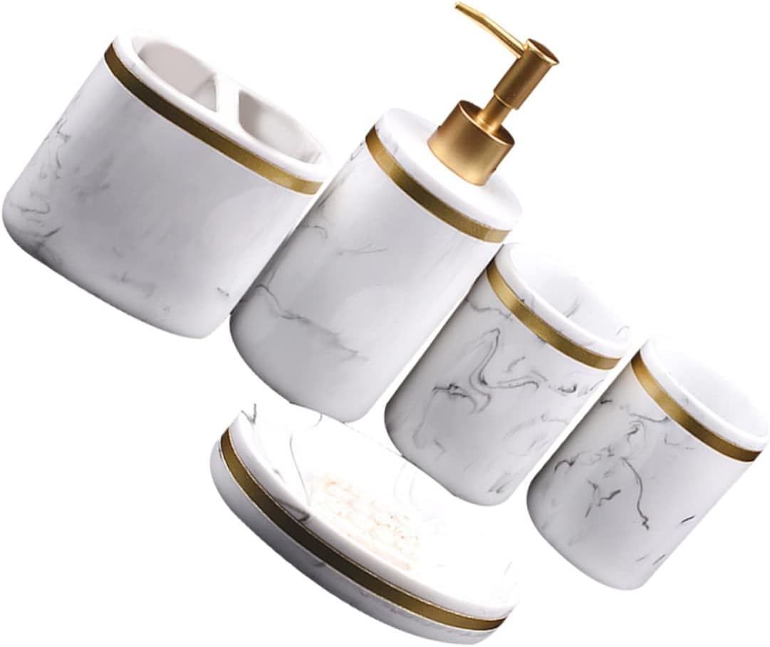 5pcs Resin Marble Bathroom Set Accessory Kit Brushing Cups Toothbrush Holder Soap Dish Hand Bottle