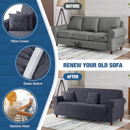 Image of TAOCOCO Stretch Sofa Covers for 3 Cushion Couch, 1Piece Non Slip Sofa Slipcover Washable with 2PCS Throw Pillow Covers, Jacquard Furniture Protector for Pets Dog(3 Seater,Dark Grey)