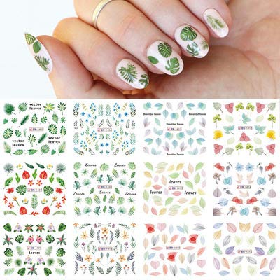 EOOTO Nail Decals Water Transfer Stickers for Women 12 Large Sheets 72 Small Spring Summer DIY Rose Ocean Leaf Grass Hamburger Drink Designs Art Fingernails Toenails Decorations Kits, 82