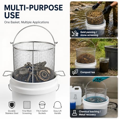 5 Gallon Stainless Steel Immerse and Drain Parts Cleaning Basket | 1/4 Inch Mesh Bucket Strainer with Swing Handle for Gold Panning, Auto Parts, Compost Tea, Garage, Bucket Not Included miniatura 6