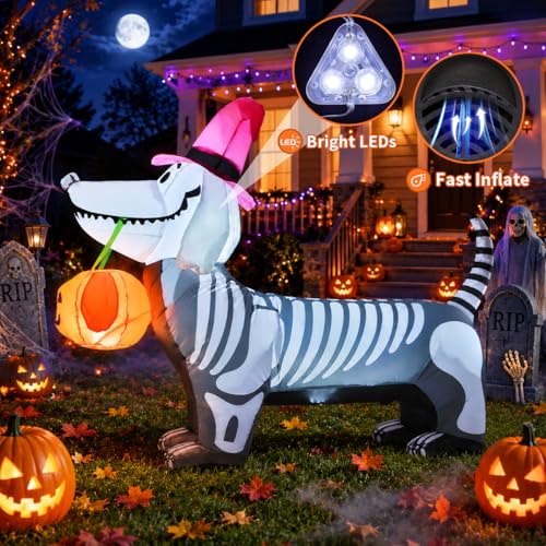 Image of GOOSH 5.5 FT Halloween Inflatables Outdoor Decorations Skeleton Puppy Inflatable Yard Decoration with Build-in LEDs Blow Up Pumpkin for Halloween Party Indoor Outdoor Yard Garden