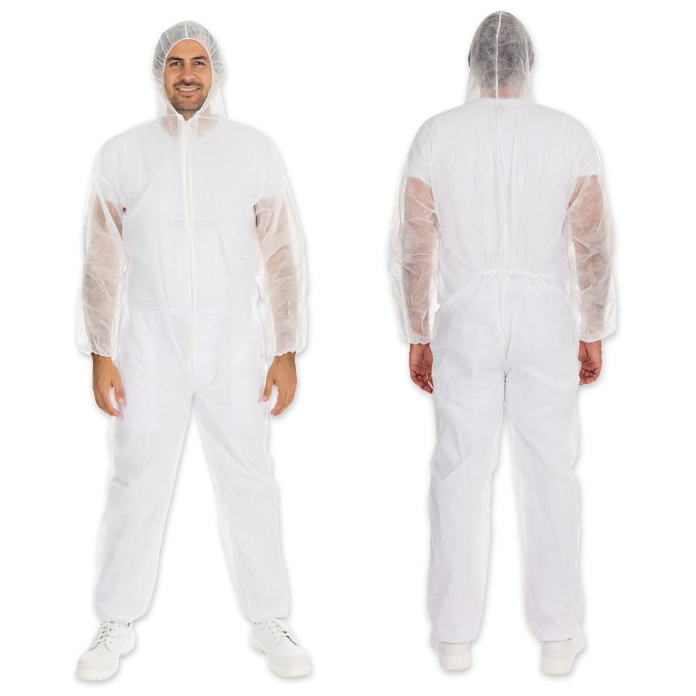 FRANZ MENSCH 50 Stück Hygonorm Overalls Light mit Kapuze | PP, weiß, XXL, Karton, Einweg Overall, Hygienebekleidung, Schutzanzug
