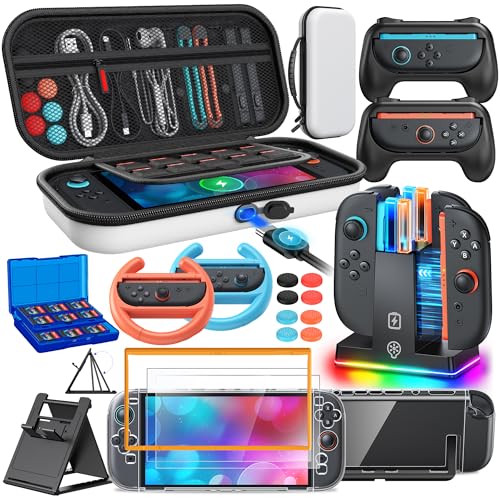 Image of Switch 2 Accessories, FYOUNG Case Bundle for Nintendo Switch 2 2025 Console | FYOUNG 23 IN 1 Kit: Carrying Case, Controller Charger, Protective Shell, Grip for Joycon, Steering Wheel (White)