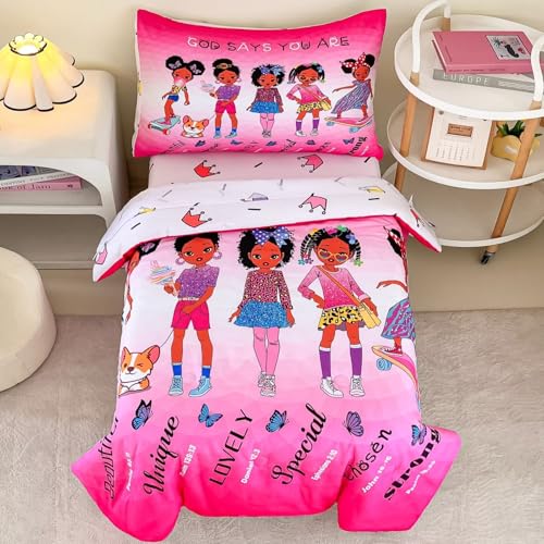 Image of 4-Piece Toddler Bedding Set for Girls - Black Girl Magic Comforter Set Includes Comforter, Flat Sheet, Fitted Sheet, Pillowcase