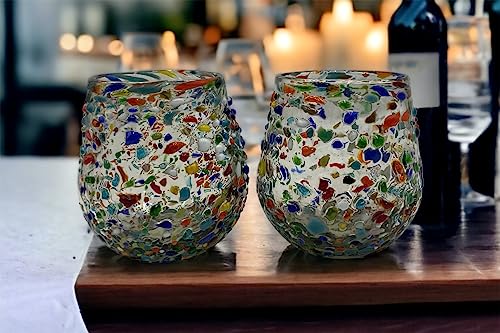 Mexican Confetti Rock Wine Glasses - Set of 2 | Hand Blown 18oz Stemless Glassware