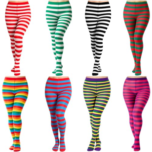 Image of 8 Pairs Striped Tights for Women, Colorful Semi Opaque 80 Denier High Waist Footed Pantyhose Legging Halloween Costume