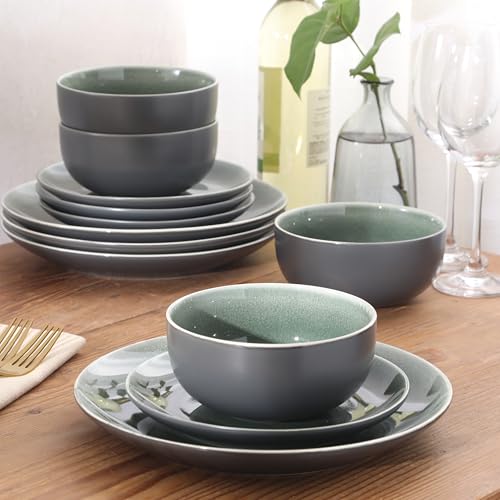 Image of Gibson Elite Pine Coast Plates and Bowls Sets, 12-Piece Stoneware Dinnerware Sets, Reactive Glaze Dish Set - Green