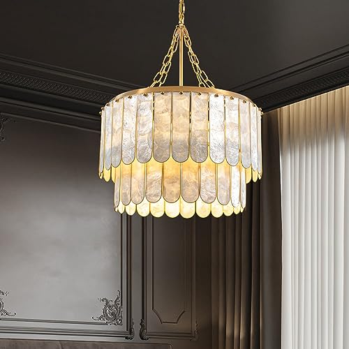 Weibath 5-Light Chandelier Shell 2 Tiered Faceted Gold Chandeliers for Dining Room Modern Pendant Lighting - Image 4