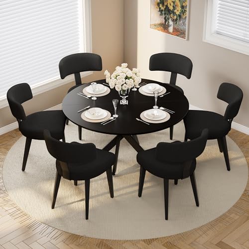 Image of Wood Dining Table Set for 6, 47 inch Round Kitchen Table with 6 Boucle Dining Chairs, MDF Tabletop with Metal Legs, Ergonomic Dining Chair with Metal Legs(Black Table)