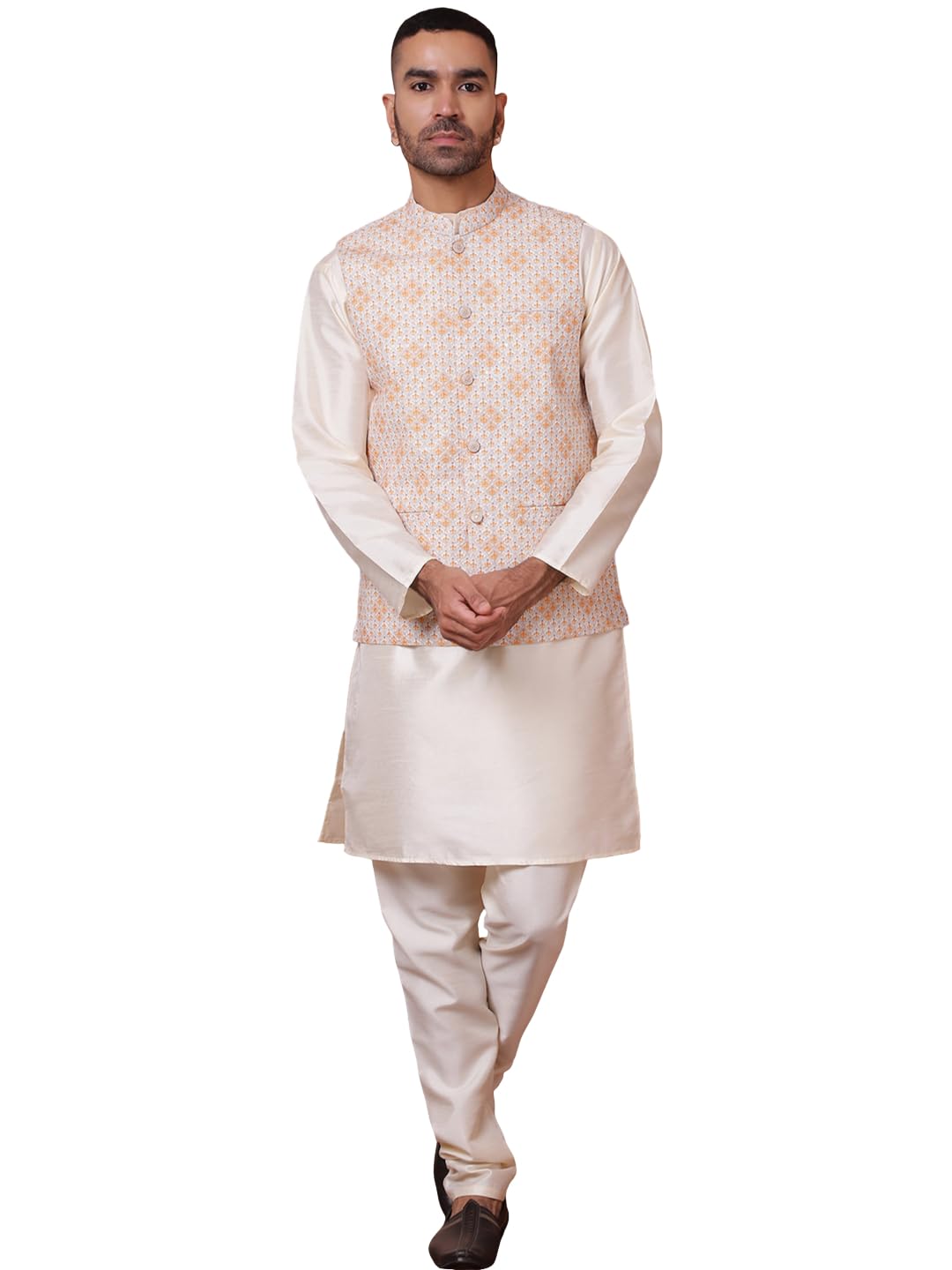 jompers Men's Woven Design Nehru Jacket With Solid Kurta Pyjama.-picture-17