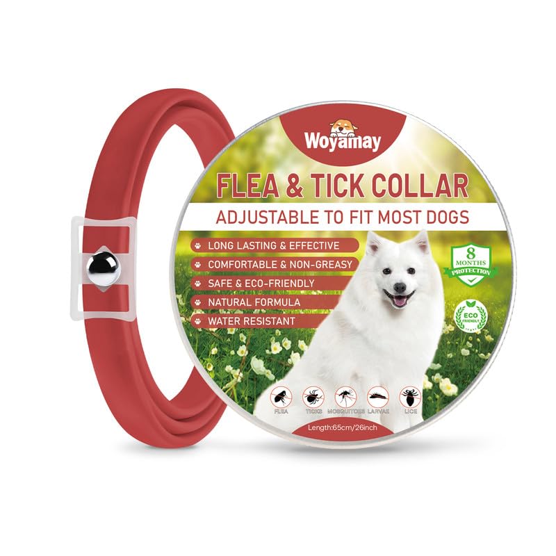 Collar Antiparasitario Perros, Seguro y Eficaz Collar Antipulgas Perros contra Garrapatas y Mosquitos, 8 Meses de Protección Ajustable e Impermeable Collar Perro para Pequeño Mediano Grandes, Rojo