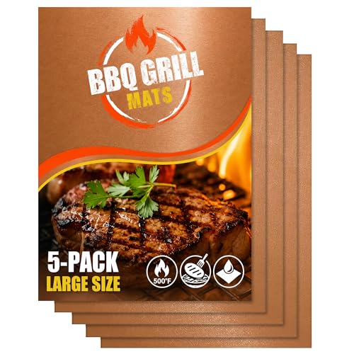 BBQ Copper Grill Mats for Outdoor Grill Mat (5 Pack) 100% Non-Stick Heat-Resistant Grilling Mats for Outdoor Grill Reusable Grill Topper Easy Clean BBQ Accessories for Outdoor Grill Cooking Mat