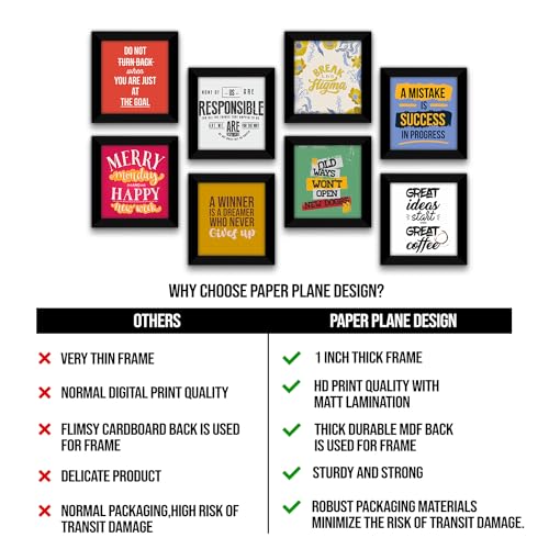 Image of PAPER PLANE DESIGN Motivational and Inspirational Quotes Wall Framed Poster, Office Decor, Wall Frames with Quotes.Set of 8 (10 x 10 Inch) (FRAMED POSTERS)