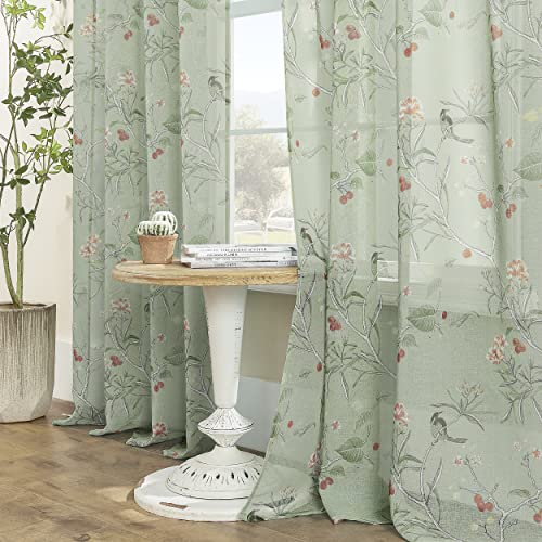 XTMYI Cortinas Verde Salvia para Sala de Estar de 213 cm de Largo, Juego de 2 Paneles con Estampado de Hojas y pájaros Florales para Dormitorio estético, Color Verde Claro