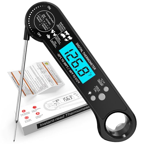 Meat Thermometer Digital - Food Thermometer with Bottle Opener for Cooking, Instant Read with Backlight & Calibration, Convenient for Grilling, Cooking, BBQ, Kitchen Use, Compact & Easy Storage