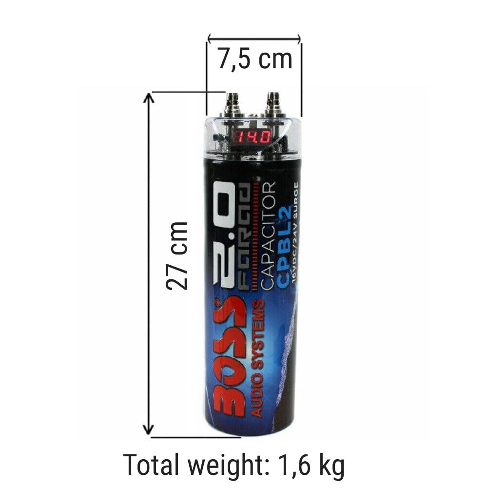 KIT SET PER BOSS AUDIO SYSTEMS CPBL2 1 condensatore 2 farad impianti fino a 2000 watt rms 1 2 3 4 5 10 capacitor con accensione cavo remote spl auto nero, 1 pezzo