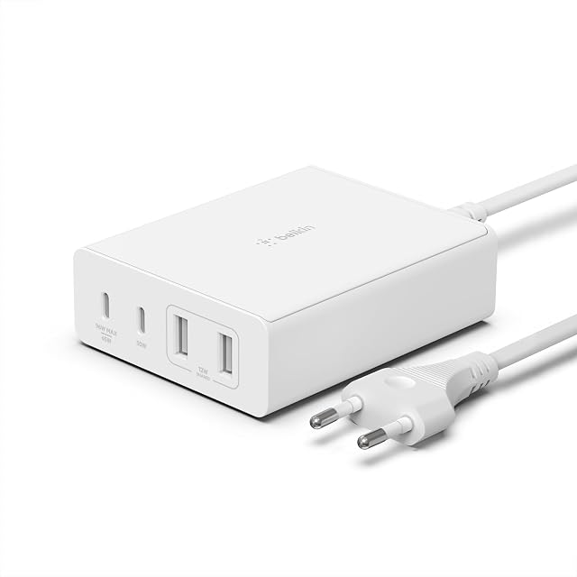 Belkin GaN USB 108 W, Uniwersalna stacja ładująca, koncentrator z funkcją szybkiego ładowania z 2 × USB C oraz 2 × USB A do MacBooka Pro, Air, iPhonea Pro, Max, Mini, iPada Pro, Air, Galaxy, Biała