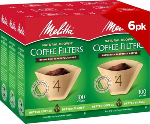 Melitta #4 Unbleached Coffee Filters, Premium, Natural Brown, Flavor Enhancing Coffee Filters for 8-12 Cup Coffee Makers, Kosher Certified, Compostable, 100 Count (Pack of 6)