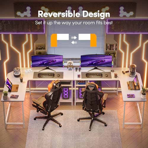 Image of CubiCubi L Shaped Desk, 59.1 Inch Reversible Corner Desk with Storage Shelves, Home Office Desk for Writing Gaming Study, Warm White