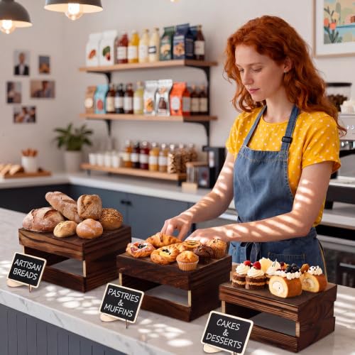 Image of Sintuff 12 Pcs Wood Buffet Riser with Mini Signs and Marker, 6 Size Rustic Wooden Cake Stands Buffet Table Food Riser Dessert Display Stand for Party Wedding Birthday Home Decor