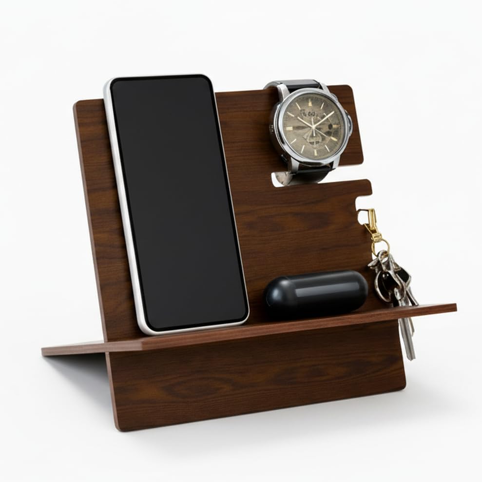Image of Premium Wooden Docking Station for Men Mobile Stand with Key Hook and Earbud Tray Tabletop Desk Organizer for Office & Home | Size: 11 x 8 x 6 Inch