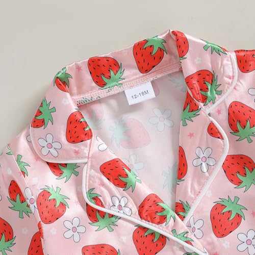 Kids Girls Pajamas Baby Short/Long Sleeve Lapel Button Down Tops Pants Satin Sleepwear Silk Fall Spring Loungewear (Y Strawberry Pink, 2-3 Years)4