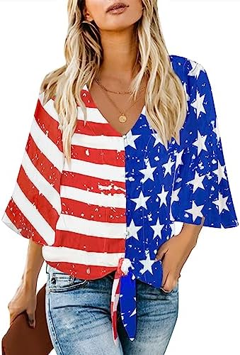 luvamia Women's V Neck Tops 3/4 Bell Sleeve Blouses Forth of July Outfit American Flag Shirt Womens Patriotic Tops American Flag Print Size XX-Large Fits Size 20 / Size 22