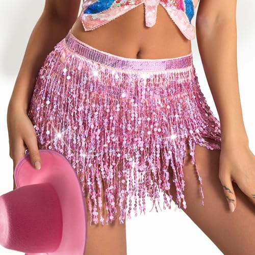 vitegaw Saia de lantejoulas com chapéu de vaqueira para mulheres - Saia de dança do ventre com glitt
