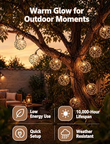 Image of Outdoor Patio String Lights, 8.5FT 10 LED Beaded Copper Wire Ball Lights, Connectable Weather-Resistant Decorative Lights for Pergola, Porch, Bedroom, Backyard & Party