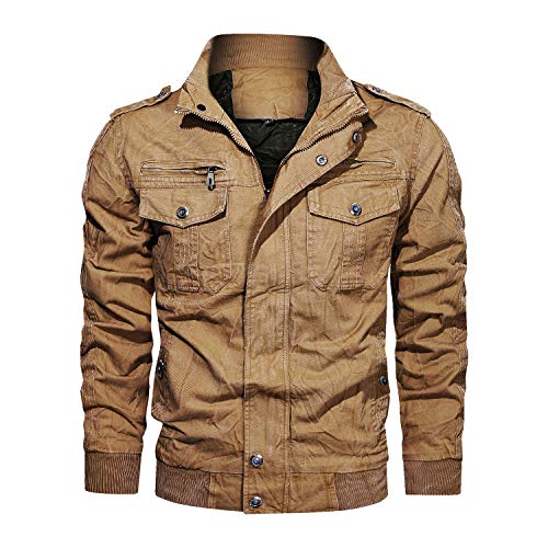 LABEYZON Men's Outdoor Military Jacket Casual Cargo Cotton Stand Collar Windbreaker Bomber Jacket Men (Khaki #1 S)