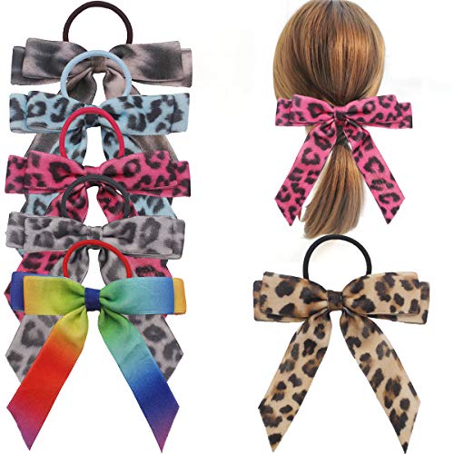 DeD 6PCS Hair Bows with Ponytail Holder Leopard Scrunchies Velvet Ribbon Rubber Bands Hair Accessories for Women Girls