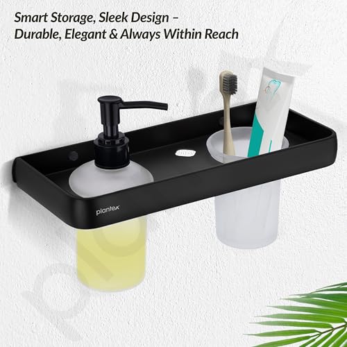 Image of Plantex Self Adhesive Aluminium Liquid Soap Dispenser with Tumbler Holder for Bathroom /2 in 1 Shampoo Dispenser with Toothpaste Holder /Bathroom Accessories - Pack of 1 (1505, Black)