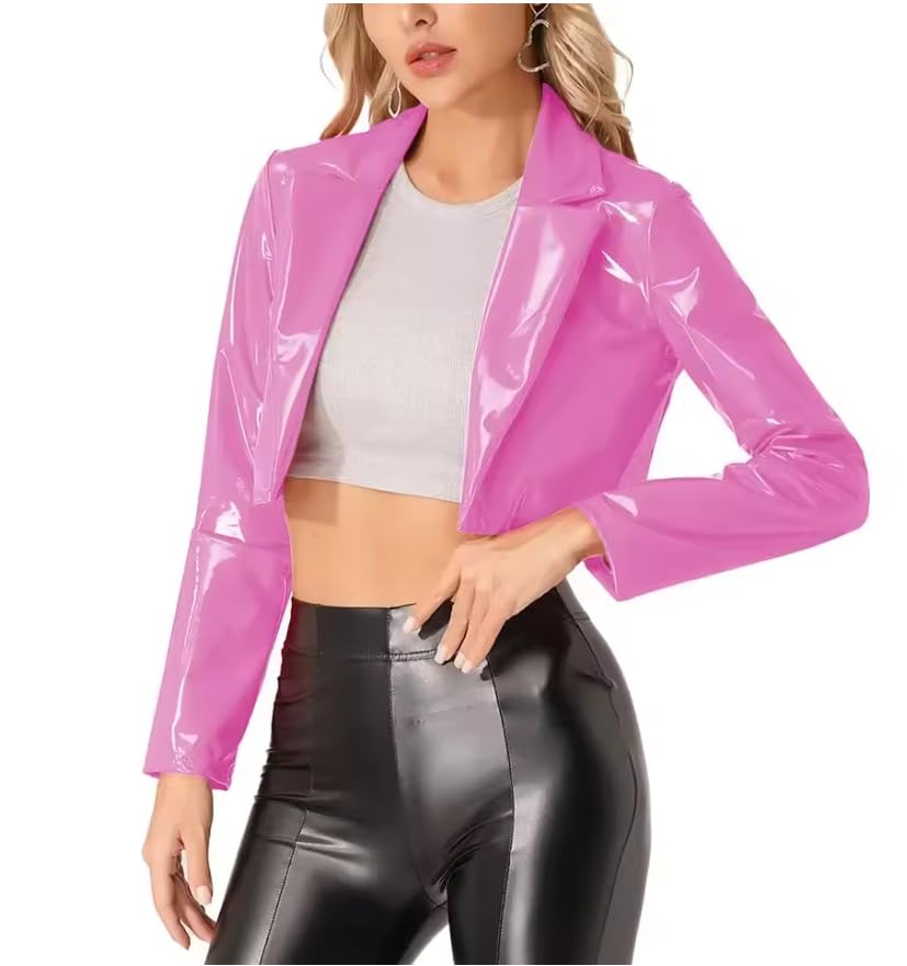 Punk Short Wetlook PVC skórzana klapa z długim rękawem przycięte topy odzież klubowa gotyckie damskie płaszcze personalizacja