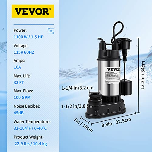Vevor 1.5 Hp Submersible Cast Iron And Steel Sump Pump, 6000 Gph Submersible Water Pump With Integrated Vertical Float Switch, For Basement Water Basin And Flooding Area #TOP6
