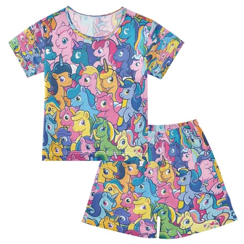 Pink Blue Green Horse Kids Pjs Set Boys Girls Summer Short-Sleeve Sleepwear Pajamas 2PCS