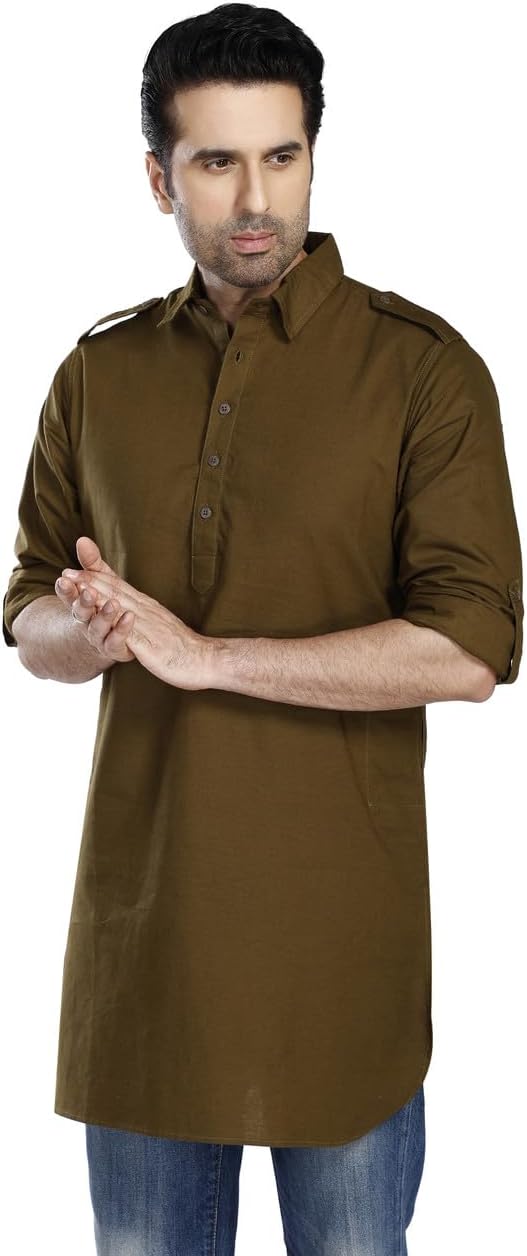 In-Sattva Men's Pullover Pathani Rollup Sleeve Kurta Tunic with Shoulder Strap