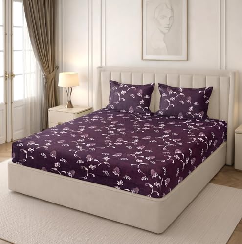 Image of RD TREND Premium Soft Cloud Cotton Floral Bedsheet for Double Bed | Size-90x90 Inches Queen Bedsheets with 2 Matching Pillow Covers (18x28 Inch) Dark Plum