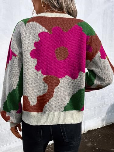 chouyatou Women's Cute Floral Printed Color Block Pullover Sweater Casual Crewneck Knit Jumper Tops4
