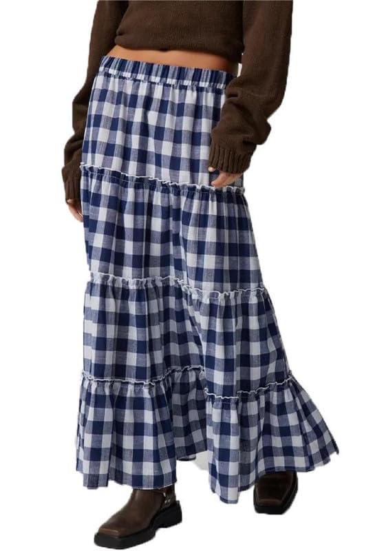 Women Plaid Tiered Maxi Skirt Y2k Elastic High Waist Long Skirt Print Flowy A Line Skirt Gingham Swing Midi Skirts